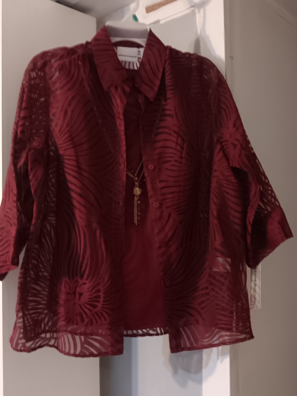 Alfred Dunner Burgundy Sheer Patterned Button-Front Blouse